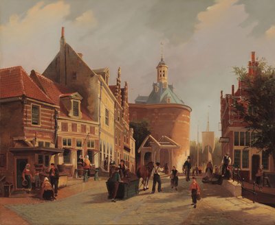 A View of the Zuiderspui with the Drommedaris in the City of Enkhuizen by Oene Romkes de Jongh